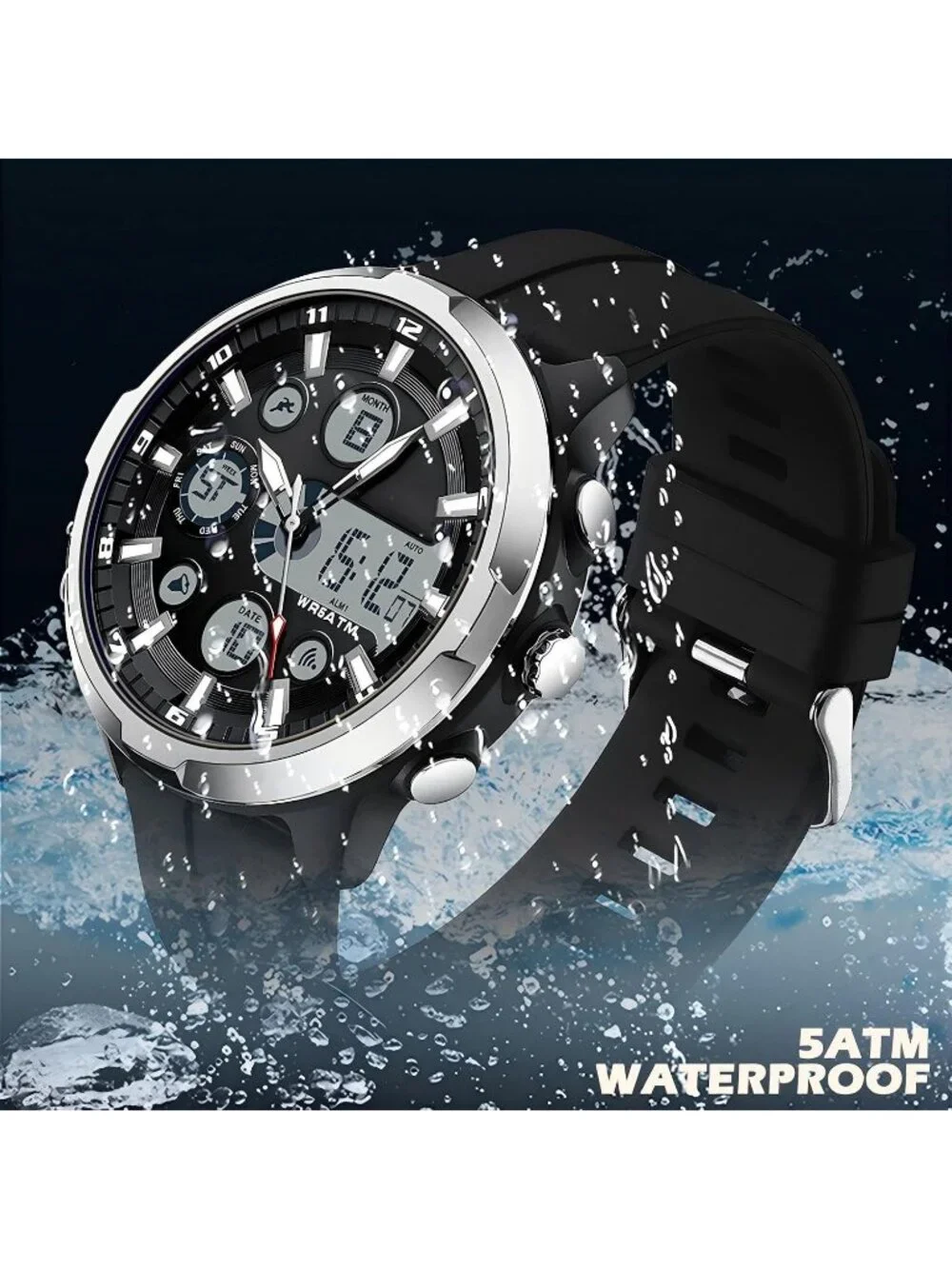 Men Silver Large Face Watches Chronograph Waterproof Sport Military Heavy Duty